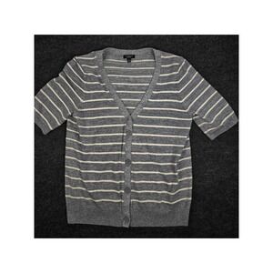 Talbots Womens Cardigan Sweater Silver Cream Stripe Glittery Short Sleeve Size S